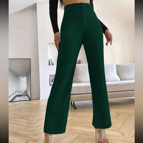 minimalist Solid Straight Leg Pants business casual dark green - Picture 1 of 16